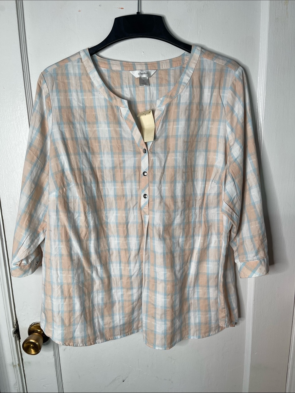CJ Banks 2X Plaid Peasant Top Pastel 3/4 Sleeves Cotton NWOT Women’s Plus Size